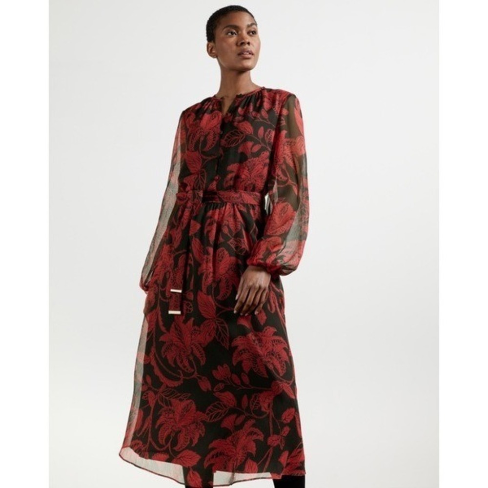 Ted Baker London Hadlee Rococo Black Red Floral Midi Chiffon Dress Womens 2